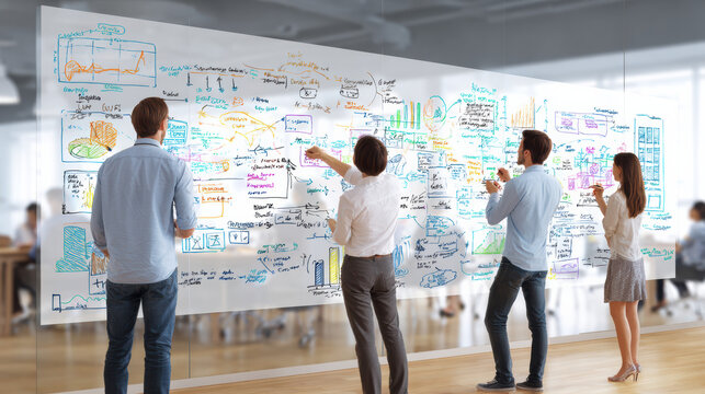 Brainstorming the Big Picture: A collaborative team gathers around a large whiteboard, mapping out their next innovative project, fostering a sense of teamwork and collective intelligence.