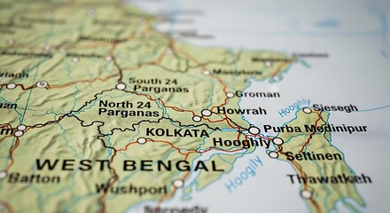 Naklejka premium Bright Regional Map Close Up of West Bengal and Kolkata Area