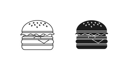 Fototapeta premium Minimalist burger icon set, black and white fast food vector illustrations, flat cheeseburger symbols for restaurant menus and delivery apps