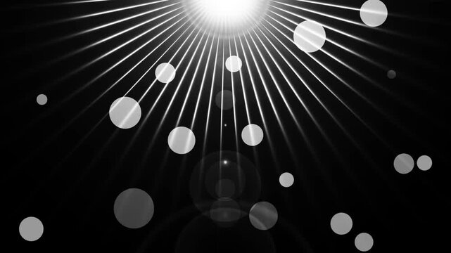 Radiant bokeh and lens flare background animation, Bright radiant light flares with bokeh orbs and lens flare rays on dark background