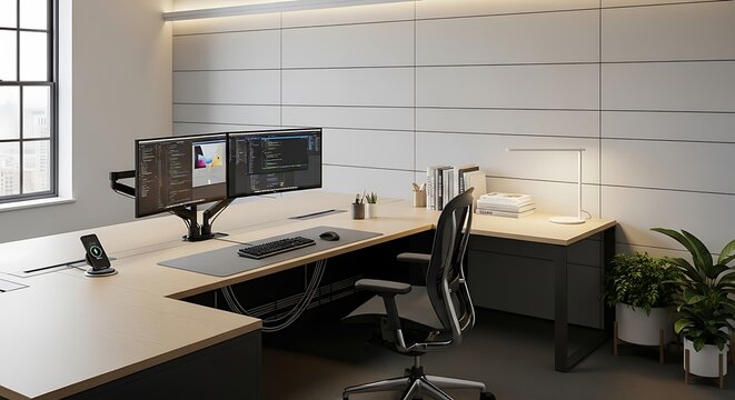 Modern office workstation setup with dual monitors and ergonomic chair indoors