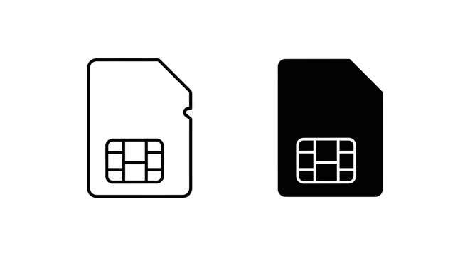 Sim card icon set in outline and solid styles, mobile phone chip vector illustration, telecommunication and cellular data storage symbols for web design