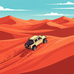 Obraz premium Vector illustration of a 4x4 off-road vehicle driving through vast orange sand dunes in a desert landscape under a clear blue sky with stylized clouds and sand tracks.