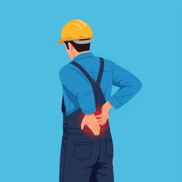 Vector illustration of an industrial worker in blue overalls and yellow hard hat suffering from lower back pain, featuring a red glowing indicator of injury on a blue background.