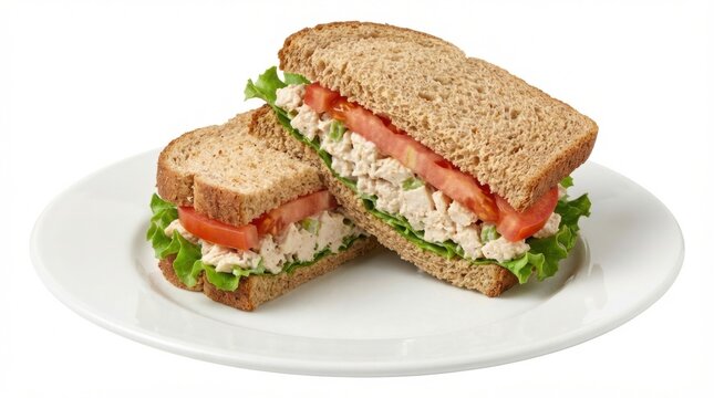 Delicious Tuna Salad Sandwich on Wheat Bread with Fresh Tomato and Lettuce on a White Plate.