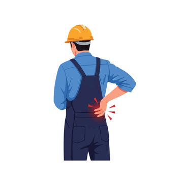Vector illustration of an industrial construction worker in blue overalls and a yellow hard hat touching his lower back in pain, depicting workplace injury, isolated on white background.