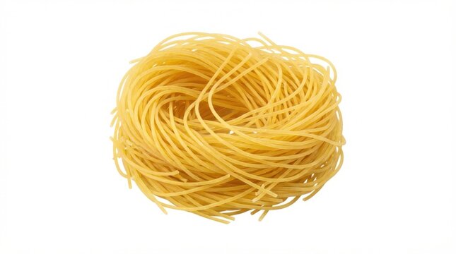 Close-up of a nest of uncooked spaghetti pasta on a white background.