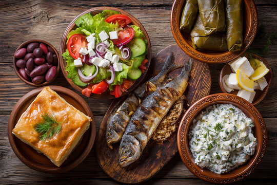 Selection of traditional Greek food - salad, meze, pie, fish, tzatziki, dolma on wood background, top view
