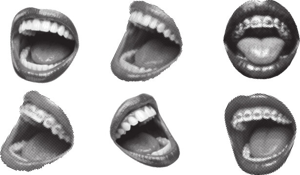 Halftone monochrome collage of open mouths with teeth in expressive poses. Bold black and white lips texture with dotted pop art shading. Modern abstract design for posters, ads, and creative layouts.