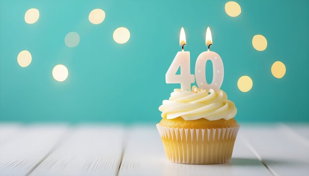 40th birthday. Tasty cupcake with burning number shaped candles on white wooden table against turquoise background with blurred lights, space for text. Bokeh effect