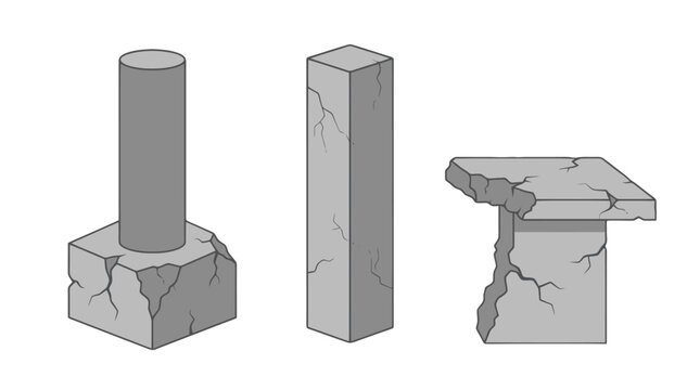 Set of grey stone pillars and broken concrete ruins.