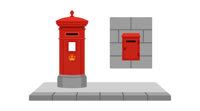 Set of two red British style mailboxes on a street sidewalk.