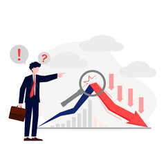 Fototapeta premium Businessman analyzing economic downturn, using magnifying glass to identify causes of financial crisis. Concept of problem solving, risk assessment