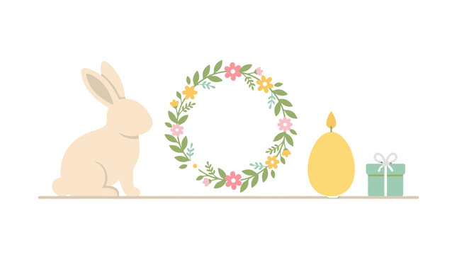 Easter holiday set with bunny floral wreath egg and gift box.