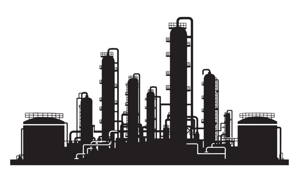 Industrial oil refinery silhouette, chemical plant factory vector illustration, petroleum processing facility with distillation towers and storage tanks