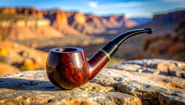 A classic briar tobacco pipe rests on textured rocks with a scenic canyon landscape in the background