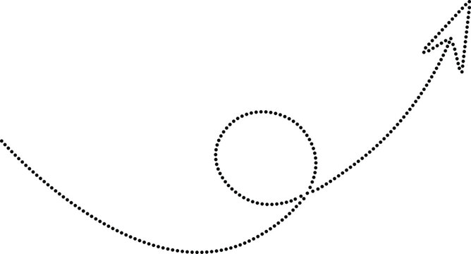 Minimal dotted curve with circular motion path and upward arrow  growth and progress. Modern abstract line design on light background. Clean vector illustration for business analytics and s