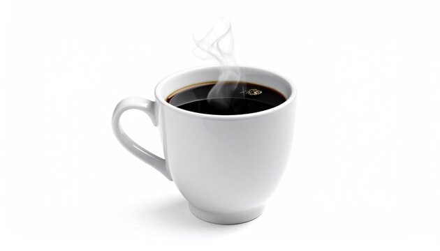 Steaming cup of black coffee on a white background.