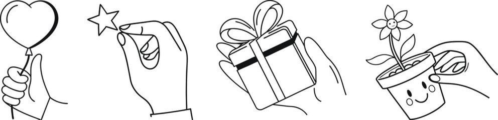 Hand gesture illustration set with heart balloon, magic pinch star, gift box and plant care, clean black outline vector collection for UI design, social media, celebration, love and lifestyle graphics © Parul