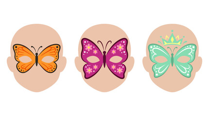 Fototapeta premium Childrens face painting designs featuring butterfly masks on human heads.