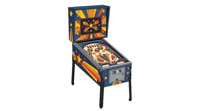 Vintage style arcade pinball machine isolated on white background.