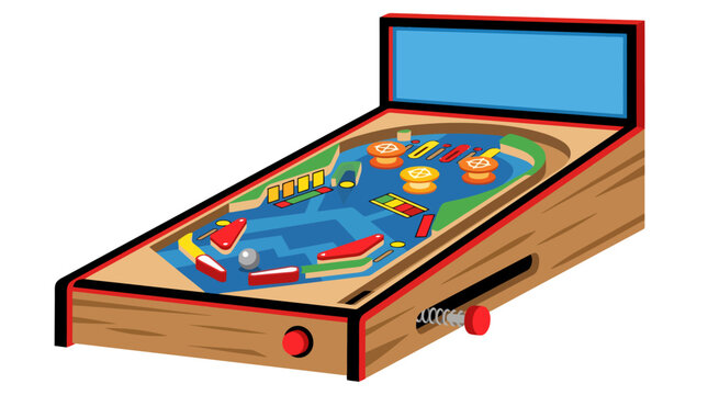 Vintage Wooden Pinball Machine Game Table Illustration Isolated on White Background.