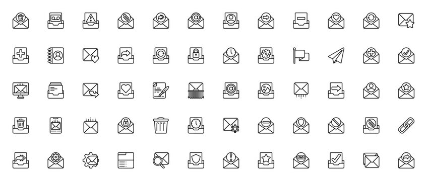 Email Actions icon set. Vector icons pack for email, message, flag, folder, link, delete, contract and agenda. Minimal linear editable stroke.