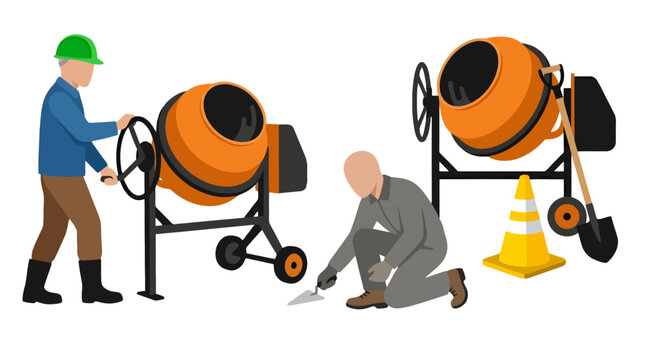 Construction workers operating concrete mixers and laying cement on site.