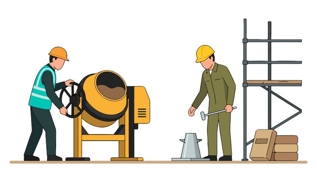 Construction workers operating concrete mixer and testing slump on building site.
