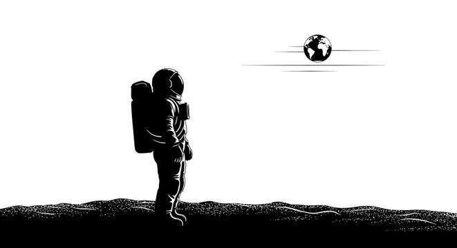 Astronaut standing on distant planet surface.