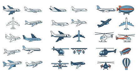 Collection of various aircraft and airships illustrations. © Putra