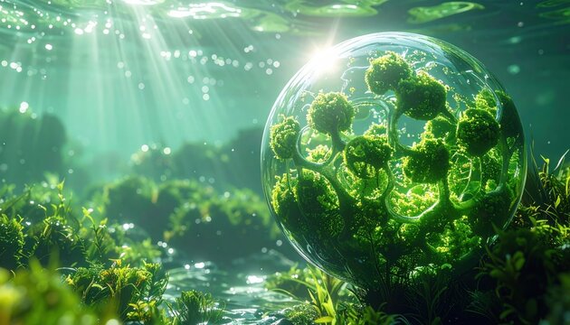 Microscopic Volvox Colony Structures Illuminated by Sunbeams in Aquatic Environment