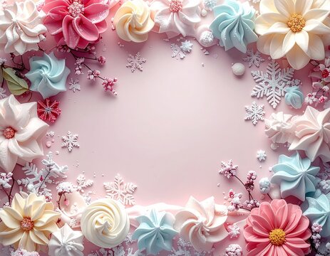花とクリームと雪の結晶フレーム背景素材