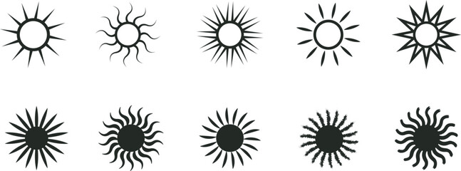 Obraz premium Sun icon set with various ray styles isolated on white background. Minimal black solar symbols including radial, wavy and spiky designs. Clean graphic collection for weather, energy, summer themes 