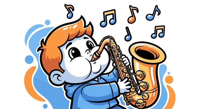 Young Boy Playing Saxophone with Music.