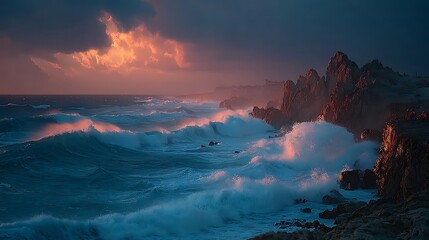 Fototapeta premium Dramatic powerful ocean waves crashing against rugged dark volcanic cliffs images