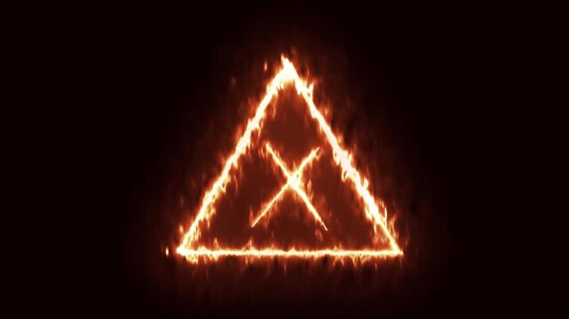 Dark background fire animation. Fiery triangle symbol representing energy, power, and warning. Fiery triangle symbol burning. Animated loop with abstract fire design and intense heat energy.