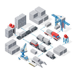 Obraz premium Isometric View of Cargo Transportation and Logistics Network.