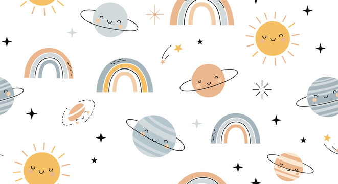 Dreamy space themed seamless pattern featuring cute planets with faces, bright suns, colorful rainbows, and stars.