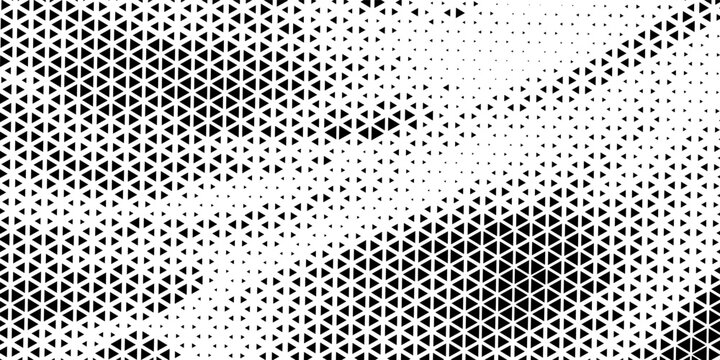Fading triangle halftone texture gradient pattern. Abstract diagonal geometric background. Tech mosaic triangular halfton gradation. Vector vanishing corner arrow wallpaper for banner, booklet, poster