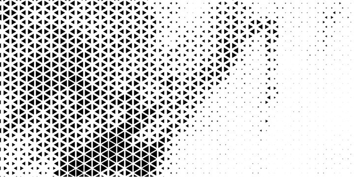 Fading triangle halftone texture gradient pattern. Abstract diagonal geometric background. Tech mosaic triangular halfton gradation. Vector vanishing corner arrow wallpaper for banner, booklet, poster