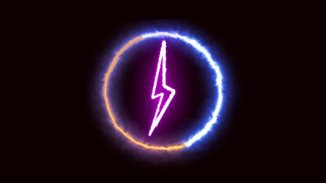 Futuristic interface design element. Glowing neon lightning bolt with bright energy visuals. Electric charge animation loop. Abstract background with neon lightning bolt power effect.