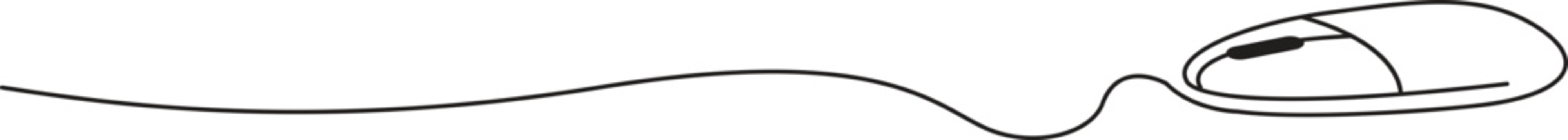 Minimal wired computer mouse line illustration with smooth flowing cable in monochrome style, clean outline ideal for technology themes and modern graphics. Simple vector mouse icon with curved cor