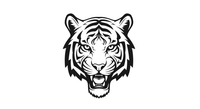 Powerful black and white illustration of a roaring tiger head showcasing intense eyes and sharp teeth in a stylized graphic design.