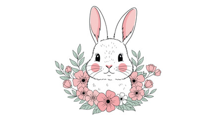 Fototapeta premium Cute white bunny with pink ears and cheeks peeks through a beautiful wreath of pink flowers and soft green leaves on a white background.