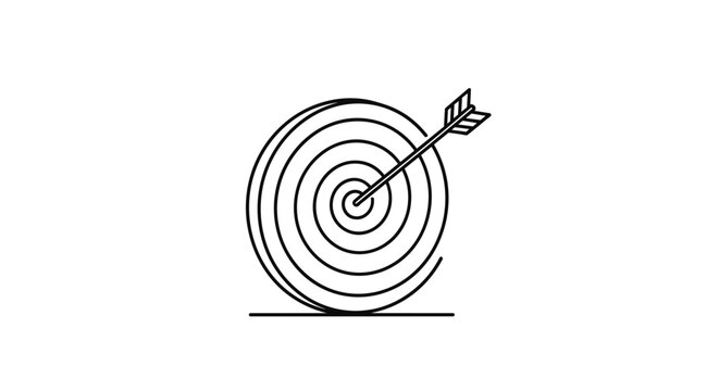 Minimalist black and white line drawing of an arrow hitting the exact center of a round target signifying success and accuracy.