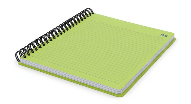 Green A5 spiral bound notebook with lined pages on white background.