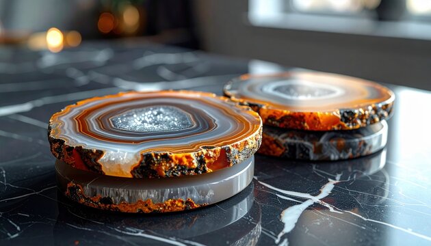 Polished Agate Slice Coasters with Natural Stone Textures and Crystal Centers on a Marble Surface