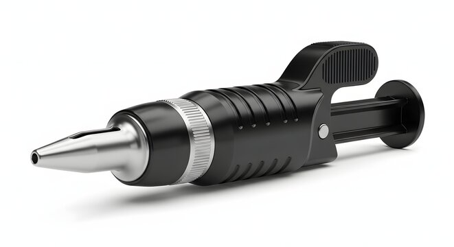 Professional tattoo machine gun, black and silver, studio equipment.