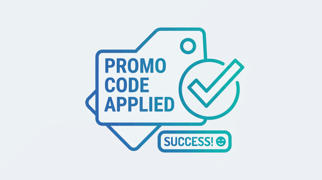 A successful promo code application is indicated by a checkmark on a tag next to a button.